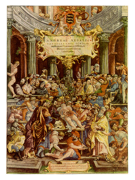 Andreas Vesalius — frontispiece of De humani corporis fabrica, 1543 — an anatomical theatre crowded with scholars